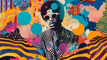 Retro collage of 60s and 70s pop culture, music icons, and psychedelic patterns