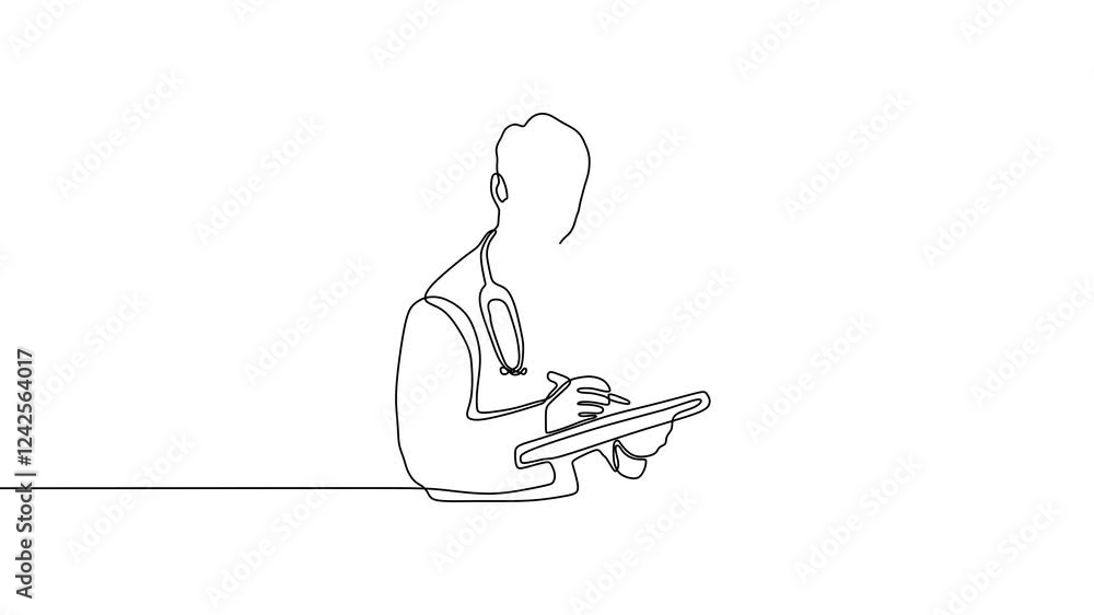 Aufkleber continuous one line drawing animation of doctor holding pen and make a note. portrait of person with