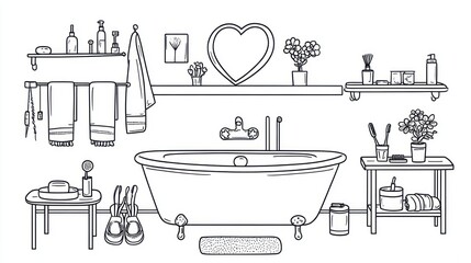 Cozy bathroom interior sketch, bathtub, shelves, plants