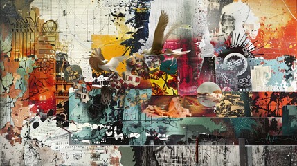 Eclectic collage with mixed media art, textured layers, and dynamic compositions