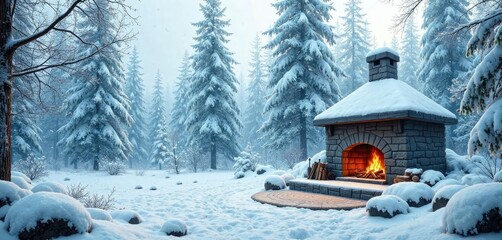 Naklejka premium Winter scene with a fireplace and snow-covered forest, frozen lake, warm glow, evergreen branches
