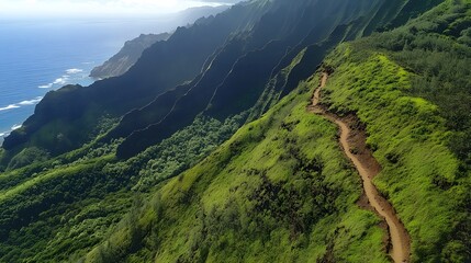 Lush green hillside overlooking the ocean, vibrant natural landscape with rolling hills, great for outdoor activities and relaxation.