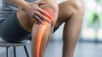 Woman suffering from leg pain on grey background closeup