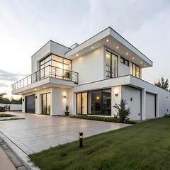 Modern white house exterior design with large windows and balcony home style clean lines grass image