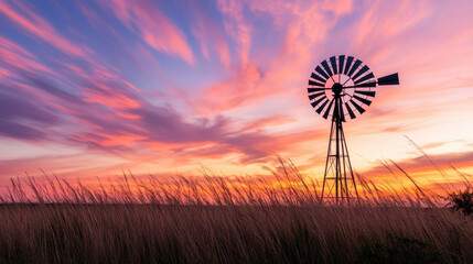 Rustic windmill in sunset field with pink and orange sky countryside landscape peaceful rural scene scenic evening golden hour beauty