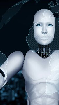 Futuristic robot artificial intelligence huminoid AI programming coding technology development and machine learning concept. Robotic bionic science research for future of human life. 3D rendering.
