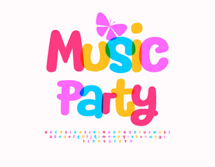 Vector Holiday invitation Music Party. Watercolor Kids Font. Joyful Alphabet Letters and Numbers.