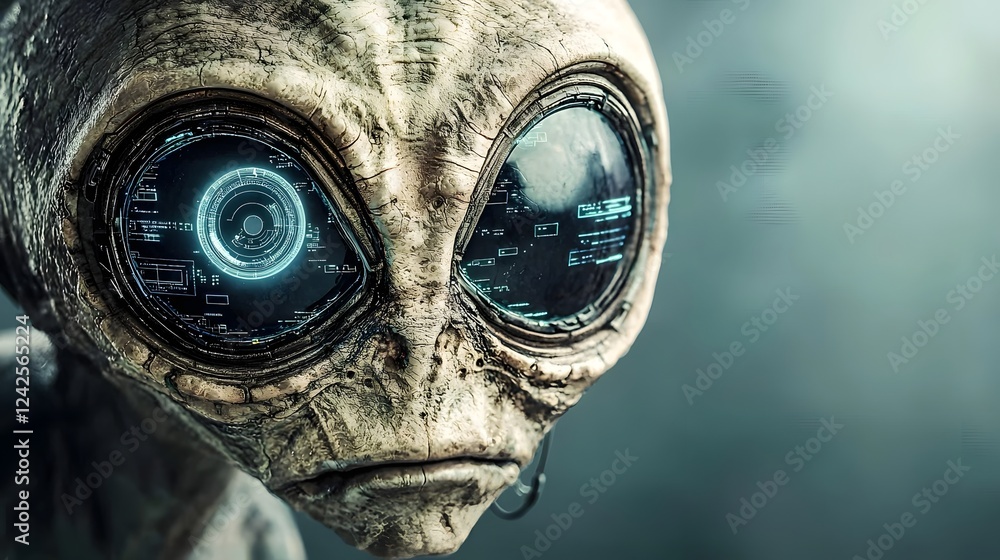 Poster Alien Hacker Disabling Enemy Ships Through Futuristic Control System A Surreal and Experimental Digital Artwork Depicting the Cyberpunk Inspired Interaction Between Extraterrestrial Technology and