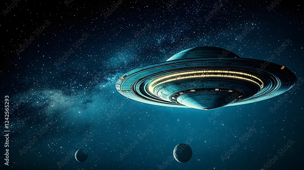 Leinwandbilder Alien spacecraft surrounded by strange luminous floating orbs of light in a vast mysterious deep space environment with a surreal fantastical atmosphere and celestial elements