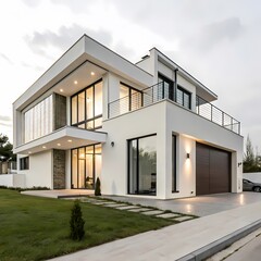 Modern luxury white house exterior design with large windows and garage day home roof view home villa