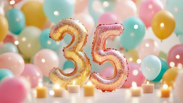 Vibrant Celebration: A Festive Display of Colorful Balloons, Glittering Number 35 Balloons, and Soft Candlelight Perfect for a 35th Birthday Party