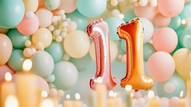 A Festive Celebration with Colorful Balloons, Number 11 Foil Balloons, and Illuminated Candles Creating a Joyful Atmosphere for a Special Event