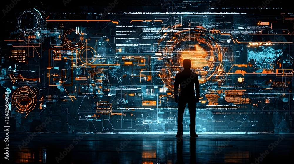 Poster an alien ambassador standing in a futuristic conference hall interacting with digital displays and h