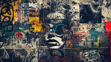 Fototapeta premium Grunge collage with urban textures, graffiti, and rebellious icons