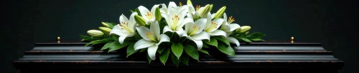 Obraz premium White lily arrangement on a dark wooden casket, black casket, bereavement, funeral arrangement