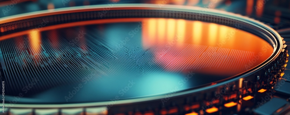 Fototapete Close-up of a modern cpu processor with futuristic orange lights, representing advanced computing power and technological progress