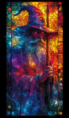 Stained glass artwork of a mystical wizard with a staff in cosmic colors