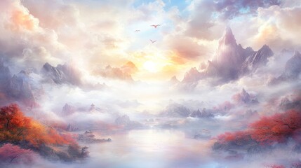 Serene Autumnal Mountain Vista at Sunrise with Birds