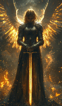 Radiant angelic warrior holding a glowing sword amidst fiery embers