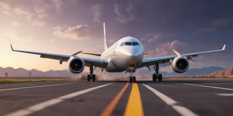 Naklejka premium White airplane with landing gear down on runway, down, empty space, empty field