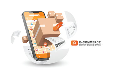 Parcel box or cardboard box, receipt paper placed on GPS map on smartphone screen after customer press button to confirm online order, vector 3d isolated for delivery, online shopping, E-commerce