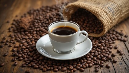 Fototapeta premium Aromatic Cup of Espresso Coffee with Roasted Beans on Rustic Wooden Table