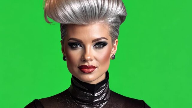 Silver Siren: A captivating portrait of a woman with a striking silver quiff hairstyle, bold eye makeup, and a confident gaze, captured against a vibrant green background.  