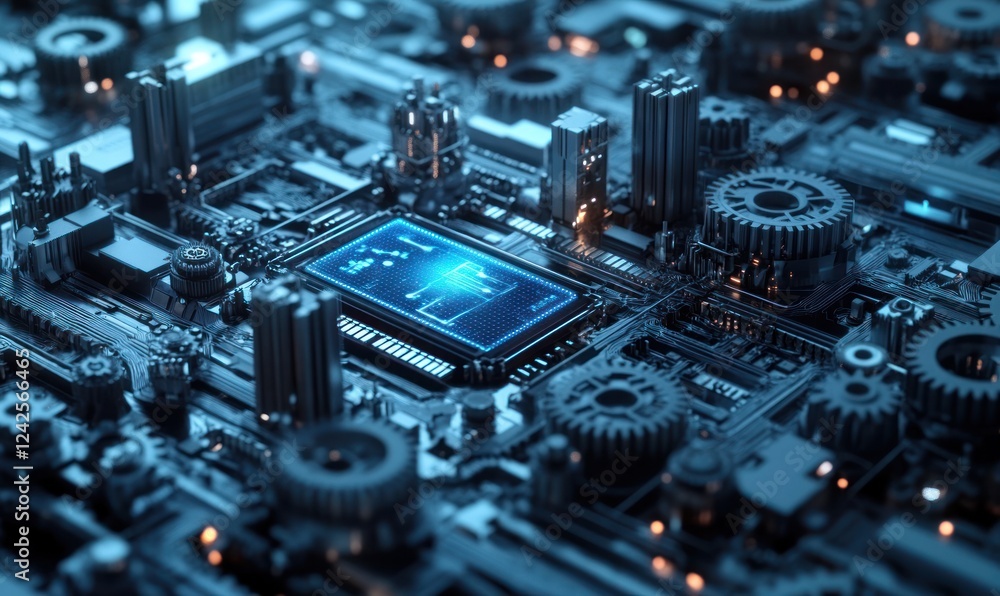 Poster futuristic circuit board with glowing screen, surrounded by gears, background of city for tech proje