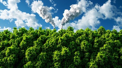 Obraz premium Industrial Smoke Stacks Over Lush Green Forest Under Blue