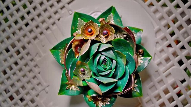A video shot showcasing deep emerald green and bright copper elements standing out against a floral pine background, framed by pure white lattice tiles, gently rotating