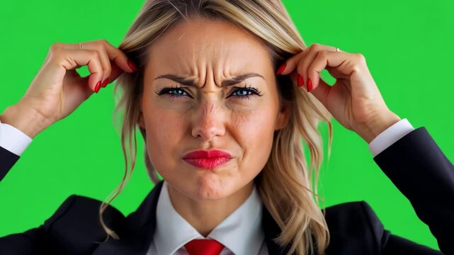 Businesswoman Annoyed: Close-up portrait of a blonde businesswoman wearing a red tie and black suit, pulling her hair in frustration against a vibrant green screen.