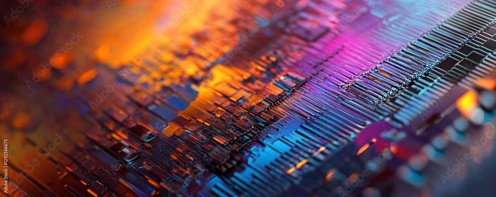 Poster abstract technology background showing a circuit board lighting up in orange and purple hues