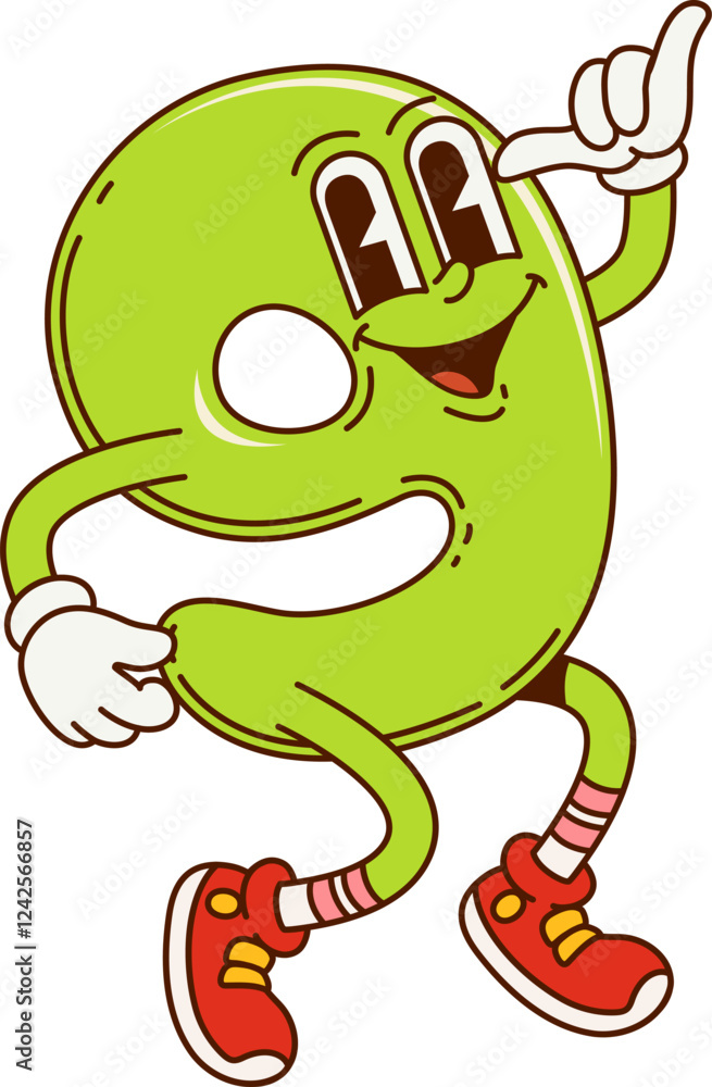 Poster groovy math number nine character. school math number cartoon cheerful character. kids education dig