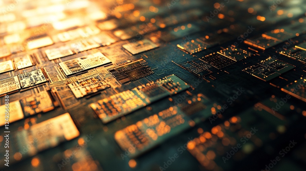 Poster Examining the intricate details of a glowing electronic circuit board, highlighting the complexity of modern technology