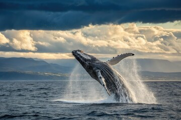 Fototapeta premium Whale breaching in the ocean with a large spout, spray, wild animal, ocean creature