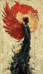 Dark angel with red wings and flowing black robes against a textured backdrop