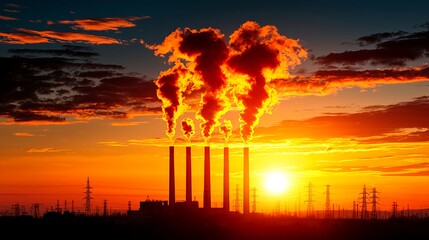 Fototapeta premium Industrial Smokestacks at Sunset