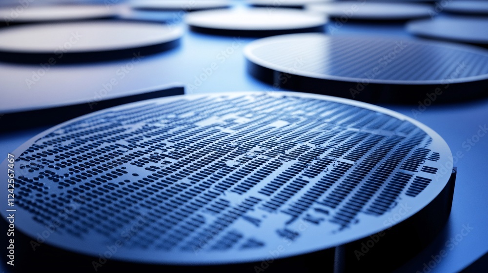 Poster stacked silicon wafers in blue light with shallow depth of field