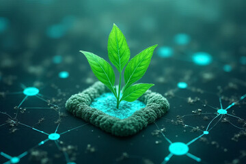 Obraz premium vibrant plant growing on digital platform, symbolizing innovation and sustainability