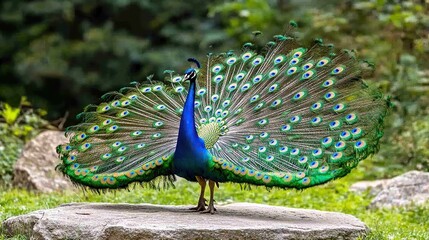 Obraz premium Peacock displaying feathers, forest backdrop, wildlife park