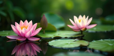 Obraz premium Water lilies and lotus flowers blooming in the bayou, lush, foliage, water lily