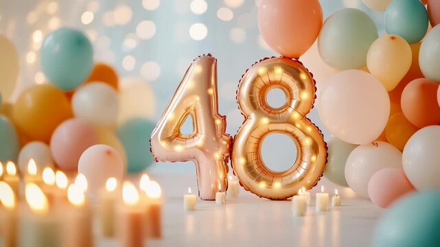 A Festive 48th Birthday Celebration Featuring Colorful Balloons, Candles, and Cheerful Decorations to Create a Joyous Atmosphere