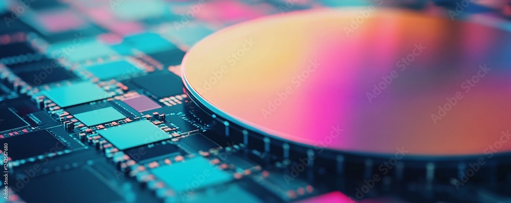 Poster Modern cpu processor is reflecting colorful neon lights on a motherboard