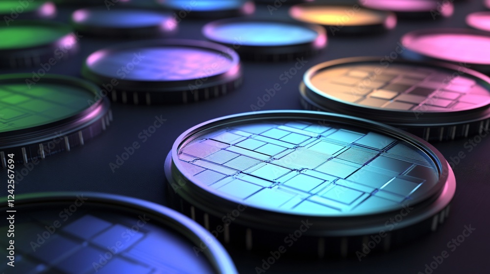 Poster Many colorful modern cpu processors are lying on dark circuit board