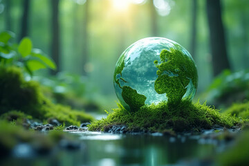glass globe with green moss representing Earth in forest setting