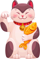 Cartoon Japanese Maneki Neko lucky cat holds a golden fish while raising one paw in a welcoming gesture symbolizes good fortune and prosperity. Isolated vector traditional souvenir in Japanese culture