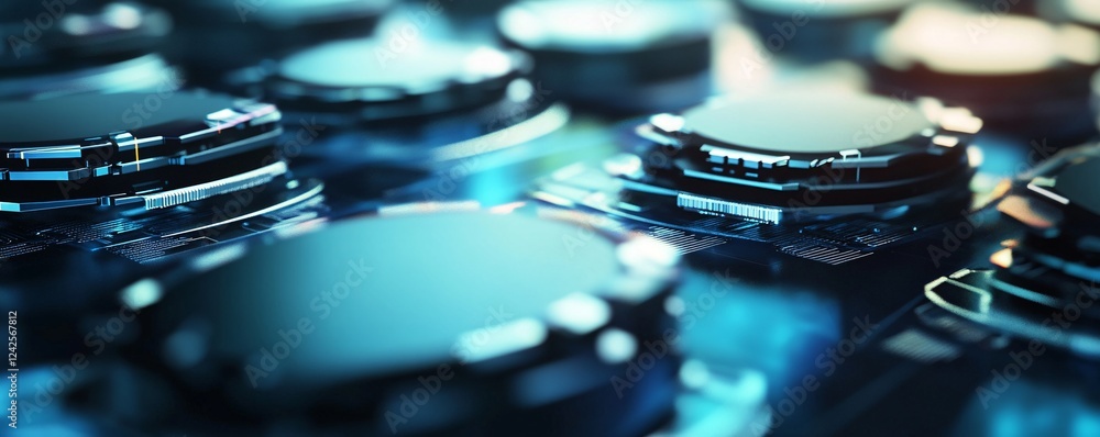 Poster Detailed image of quantum computing processors in action on a motherboard, ideal for depicting artificial intelligence principles