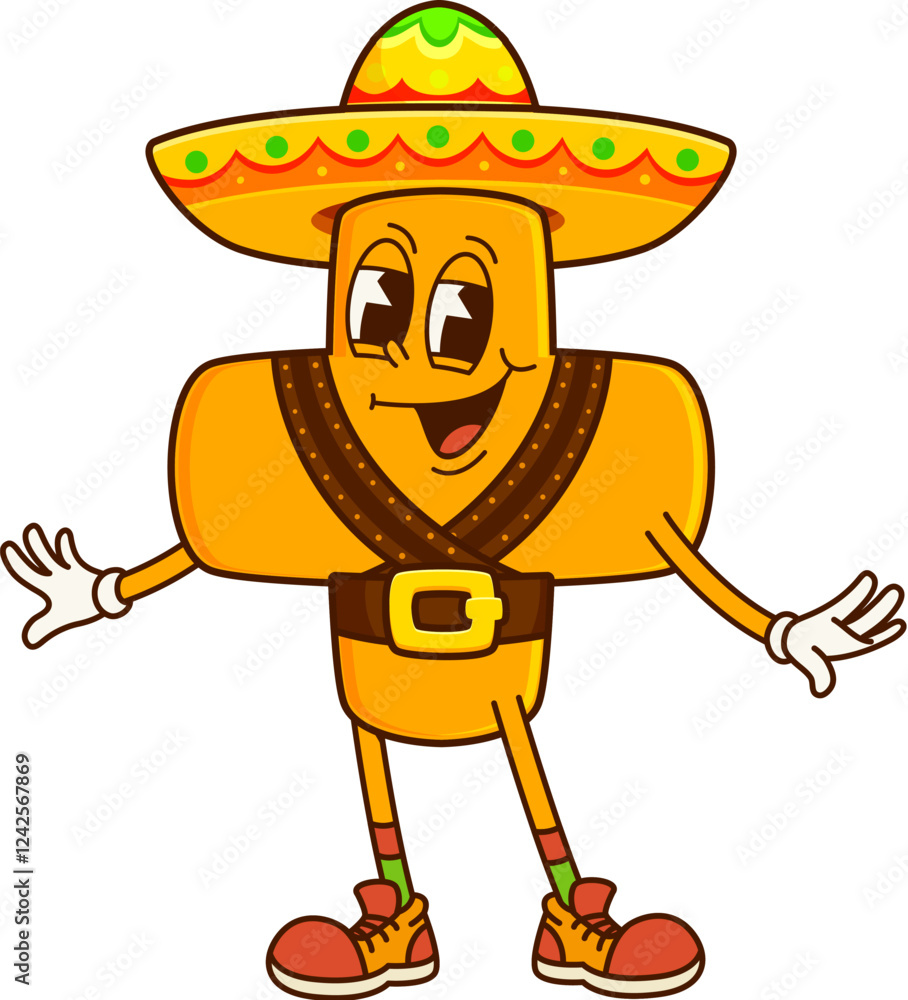 Poster cartoon groovy math character of plus sign in cowboy sombrero, vector mathematics symbol. groovy add