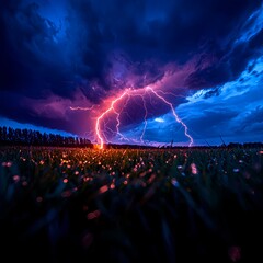 Fototapeta premium Intense Lightning Storm Over a Field at