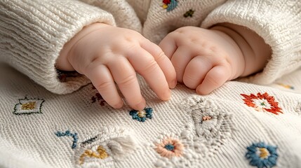 Close up view of a baby s tender delicate fingers gently touching and exploring the intricate embroidered pattern on a soft cozy fabric  This intimate